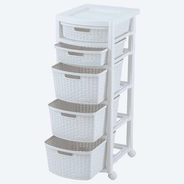 Cajonero Rattan 2 Gavetas Bajas + 3 Gavetas Altas Blanco Nieve / Rimax