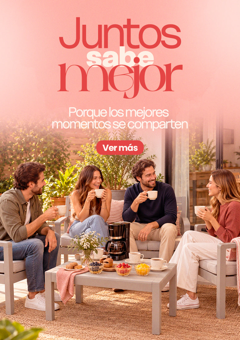 Banner móvil Juntos sabe mejor para Amor y Amistad, con cuatro amigos compartiendo café, postres y un momento especial en casa.