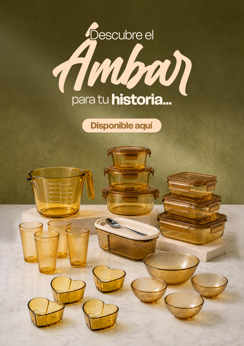 Banner móvil Colección Ámbar Home Elements con piezas de vidrio color ámbar para cocinar, almacenar, servir y complementar la mesa.