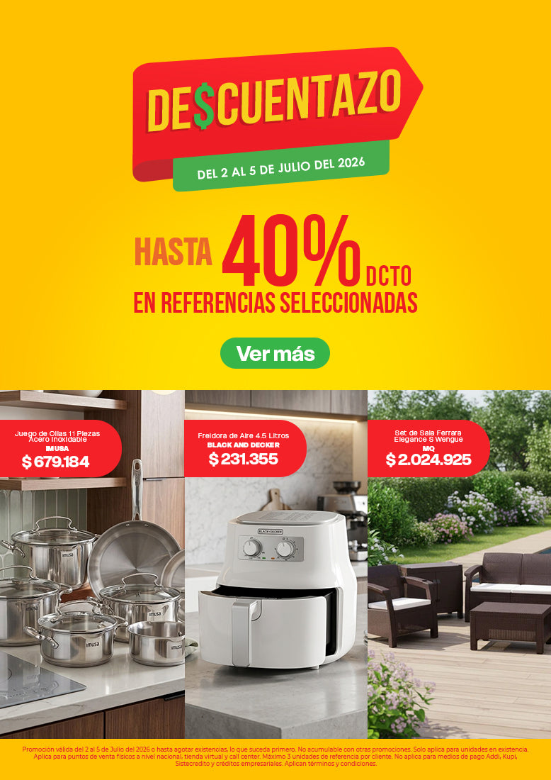 Versión móvil del Descuentazo de Almacenes La 13 con hasta 40% de descuento en productos seleccionados para el hogar, incluyendo ollas Imusa, freidora de aire y muebles para exterior.