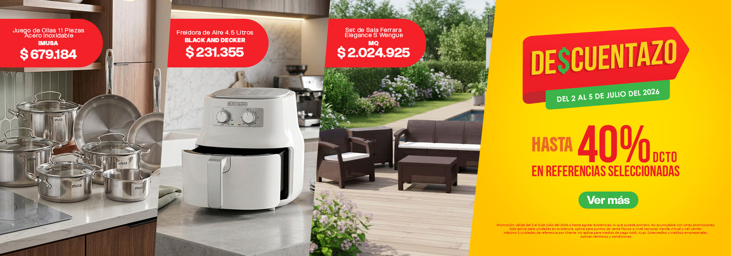 Banner de Descuentazo con hasta 40% de descuento en referencias seleccionadas de hogar y cocina, destacando baterías de ollas Imusa, freidora de aire Black+Decker y sala de exterior MQ.