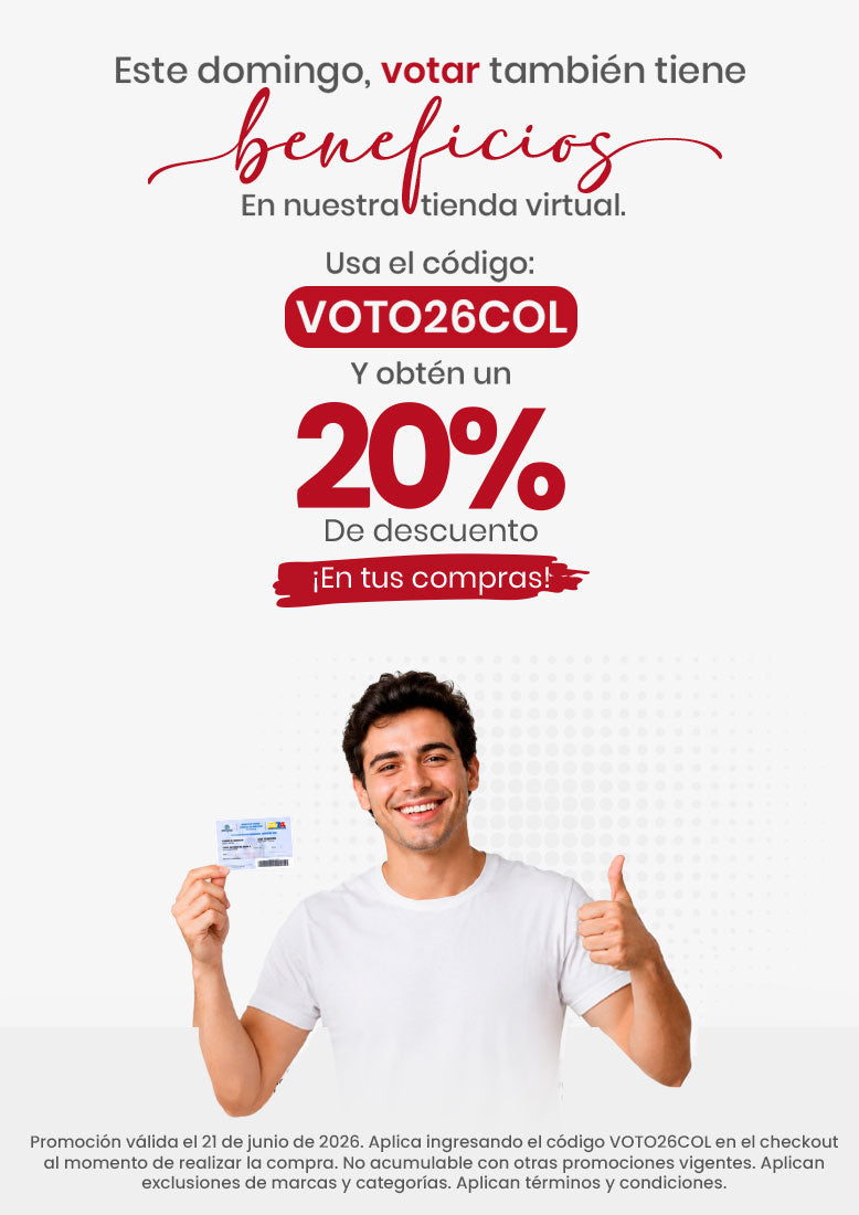 Banner promocional de Almacenes La 13 con beneficio por votar, código VOTO26COL y 20% de descuento en compras realizadas en la tienda virtual.