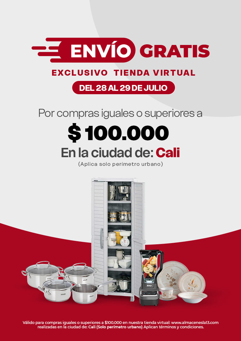 Versión móvil del banner de envío gratis en Cali para compras desde $100.000 en la tienda virtual de Almacenes La 13, con productos para cocina, organización y hogar incluidos en la promoción.