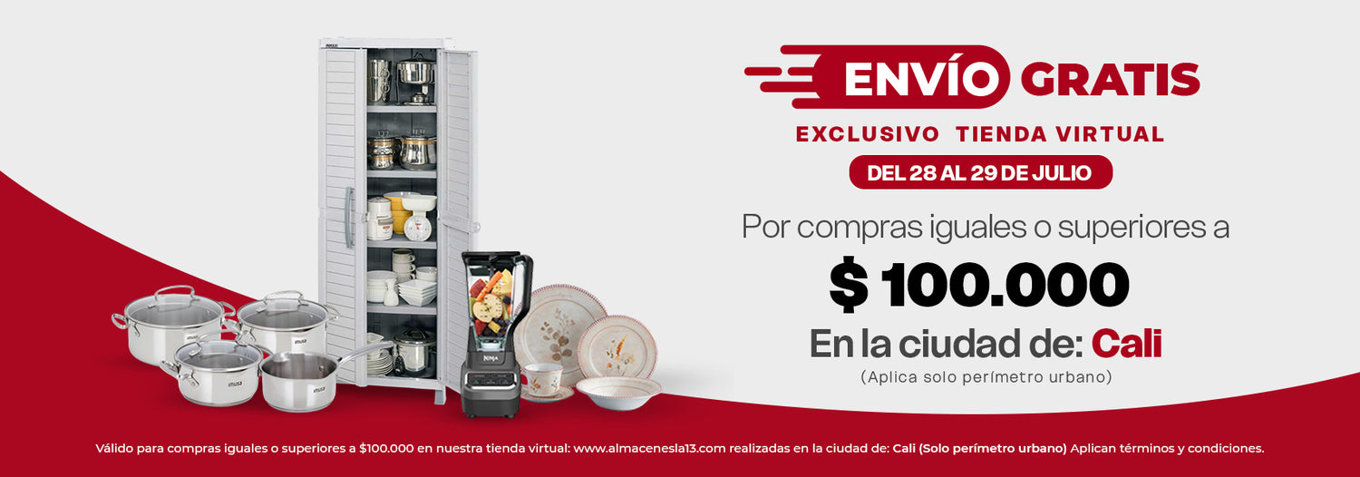 Banner de envío gratis en Cali para compras iguales o superiores a $100.000 en la tienda virtual de Almacenes La 13, mostrando productos para el hogar como ollas, vajilla, licuadora y gabinete organizador.