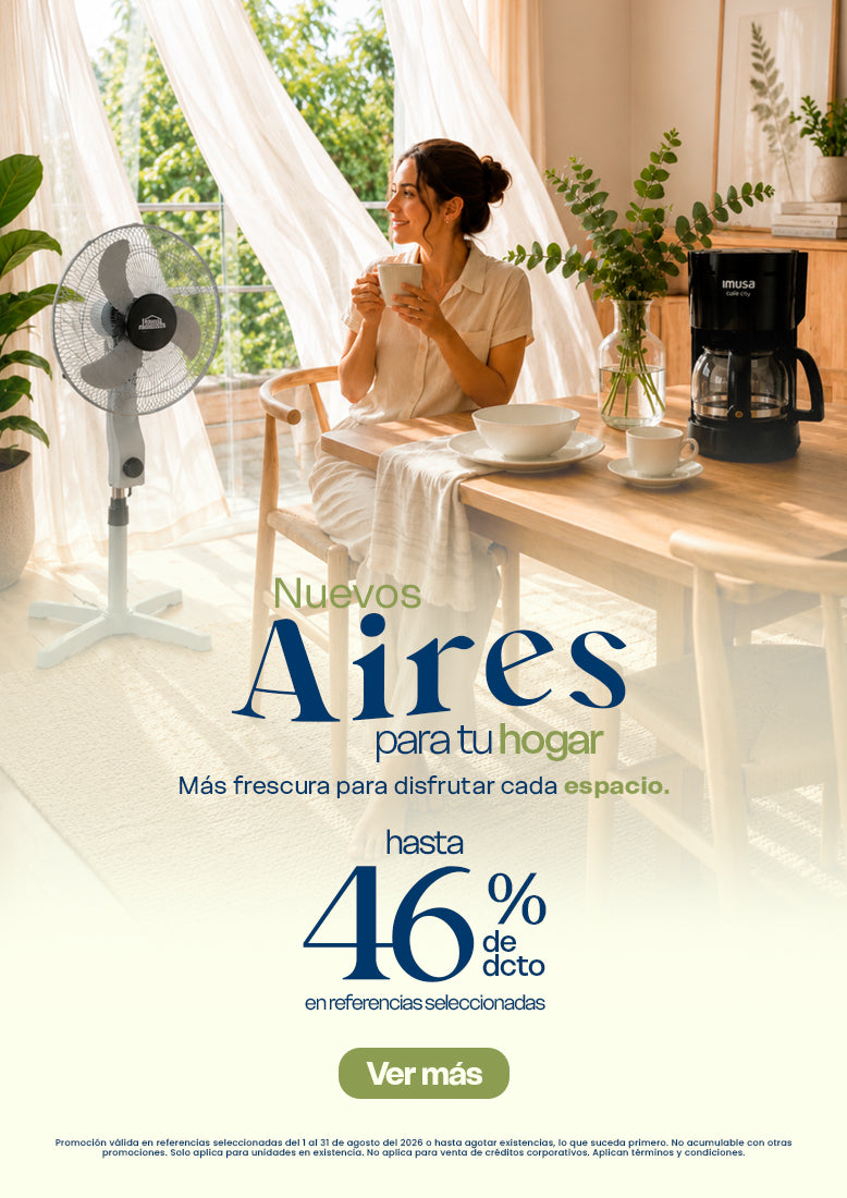 Versión móvil del banner "Nuevos Aires para tu Hogar" con hasta 46% de descuento en referencias seleccionadas. Presenta un ventilador de pedestal, una cafetera y un ambiente cálido y fresco para renovar los espacios del hogar.