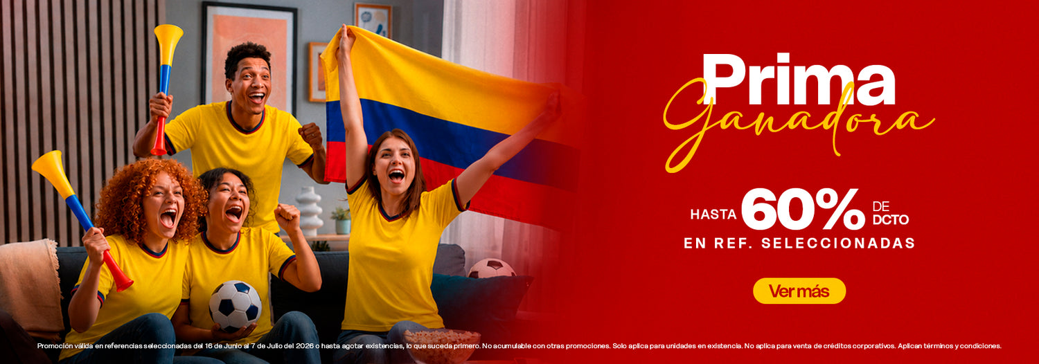 Promoción Prima Ganadora en Almacenes La 13 con descuentos de hasta el 60 por ciento en electrodomésticos y hogar junto a hinchas celebrando con la bandera de Colombia.