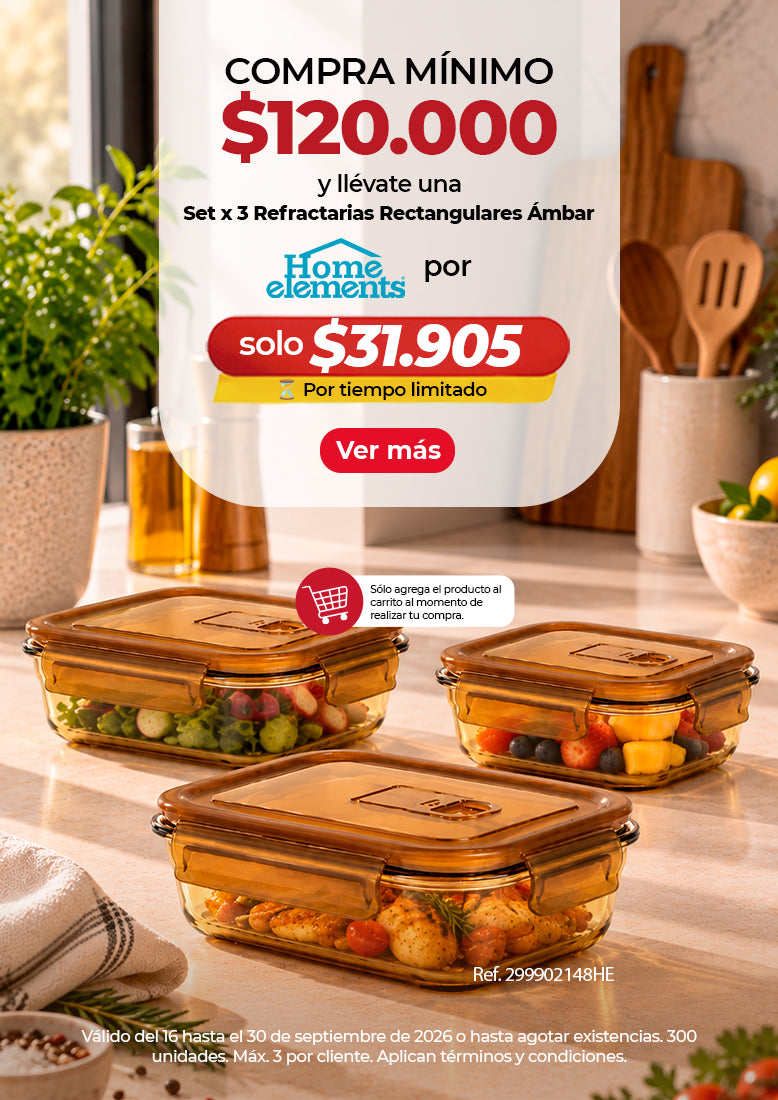 Banner móvil de promoción set x3 refractarias rectangulares Ámbar Home Elements por $31.905 con compra mínima de $120.000.