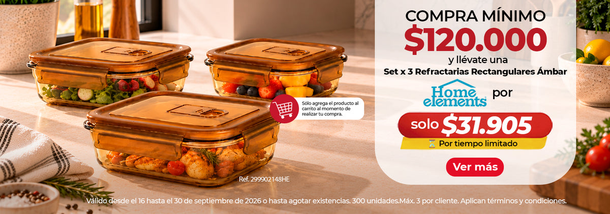 Promoción Home Elements: set x3 refractarias rectangulares Ámbar por $31.905 con compra mínima de $120.000, ambientadas con alimentos en cocina.