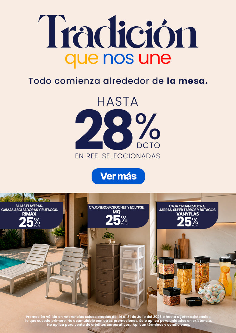 Versión móvil de la campaña Tradición que nos une con descuentos en sillas y muebles de exterior, cajoneros organizadores y recipientes para almacenamiento de alimentos en el hogar.