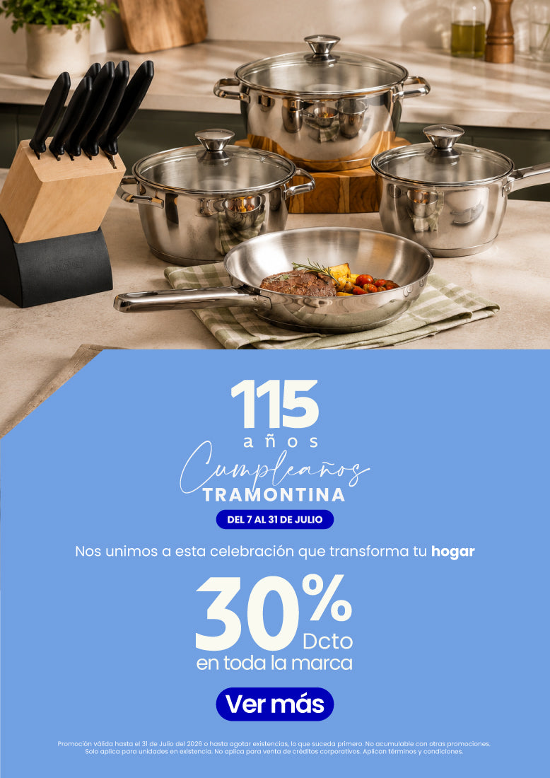 Versión móvil de la promoción Tramontina con 30% de descuento en toda la marca, mostrando batería de ollas, cuchillos y sartén para renovar la cocina del hogar.