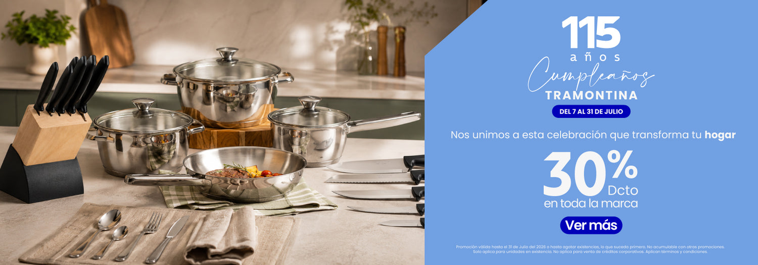 Banner de aniversario Tramontina con 30% de descuento en toda la marca, destacando baterías de cocina, cuchillos y utensilios para equipar el hogar.