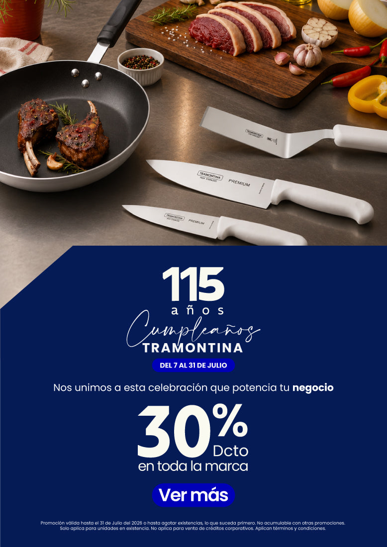 Banner vertical de la promoción Tramontina con 30% de descuento en toda la marca, mostrando cuchillos premium, sartén y accesorios de cocina para uso doméstico y profesional.