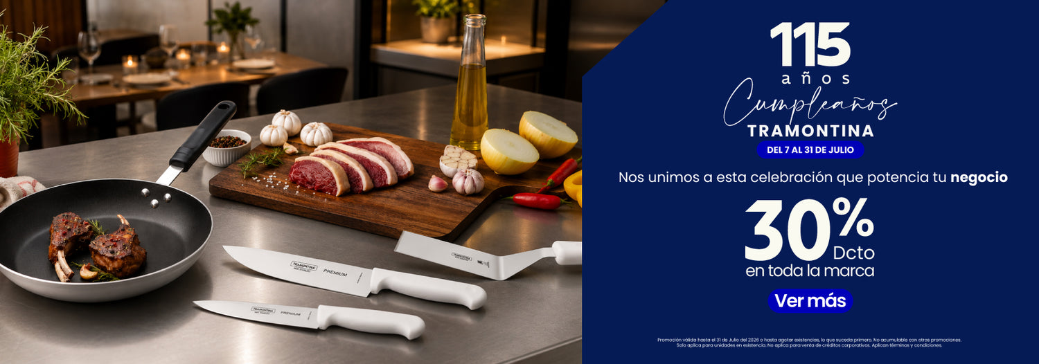 Promoción de aniversario Tramontina con 30% de descuento en toda la marca, destacando cuchillos profesionales, sartén y utensilios de cocina para preparar alimentos.