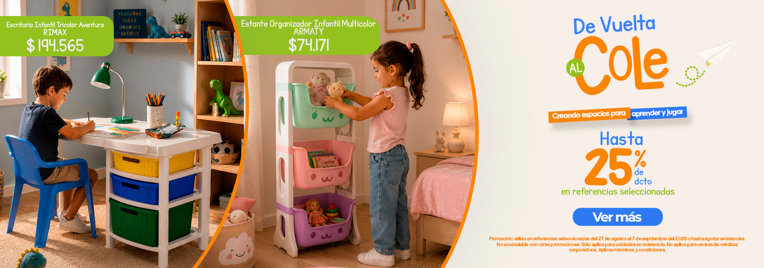 Promoción De Vuelta al Cole con hasta 25% de descuento en referencias seleccionadas, con escritorio infantil Rimax y estante organizador infantil Armaty.