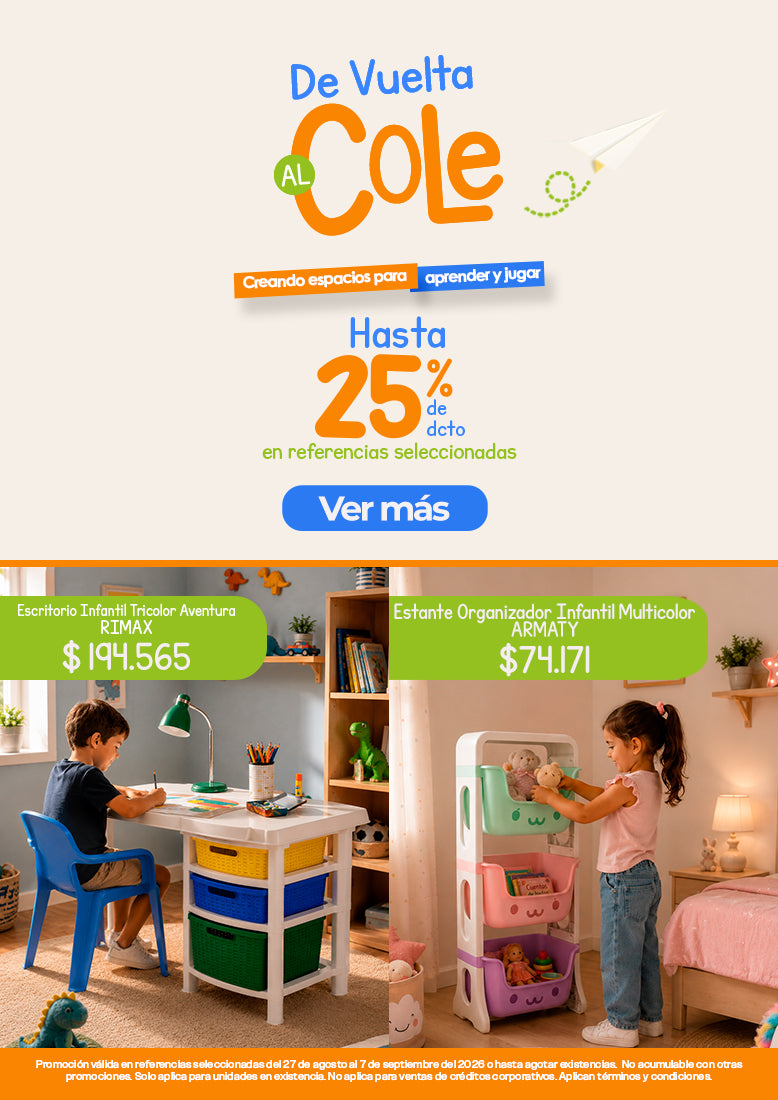 Banner móvil De Vuelta al Cole con hasta 25% de descuento, niño usando escritorio infantil Rimax y niña organizando juguetes en estante Armaty.