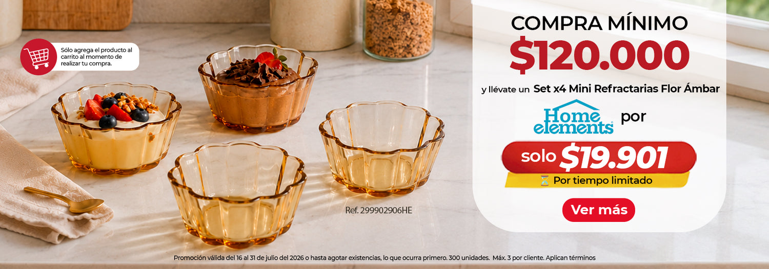 Banner promocional del set de 4 mini refractarias Flor Ámbar Home Elements con compra mínima, mostrando recipientes de vidrio para postres y presentaciones de alimentos.