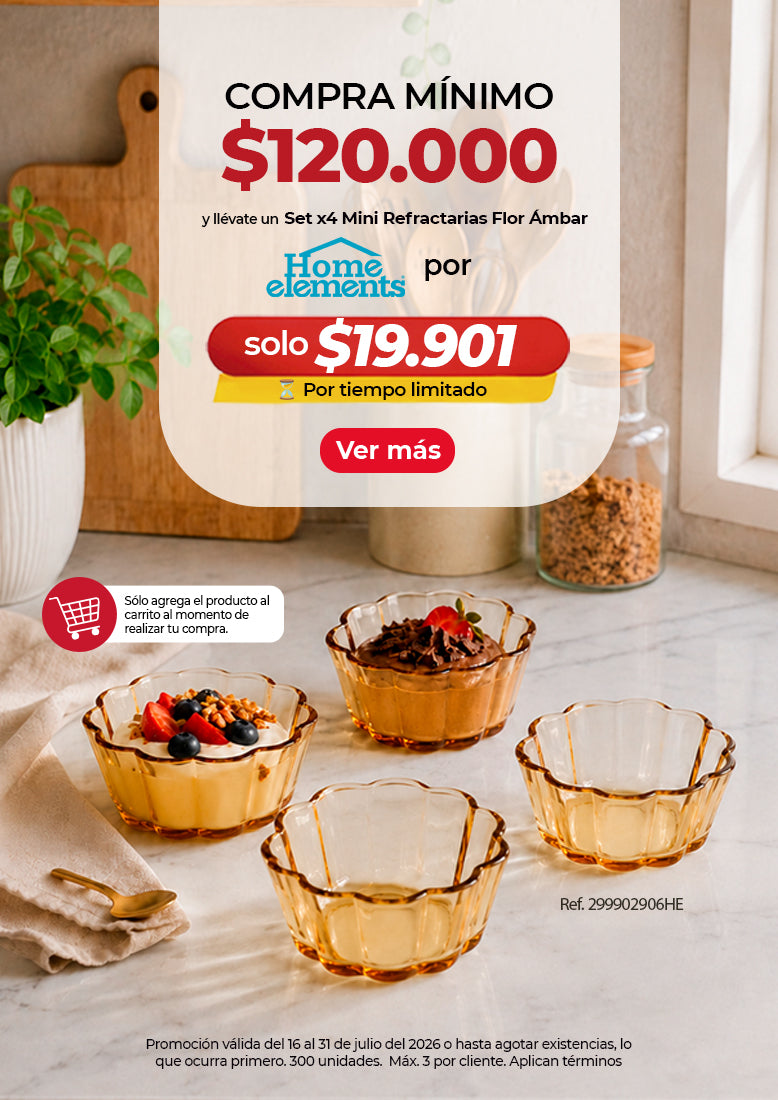 Versión móvil de la promoción del set de 4 mini refractarias Flor Ámbar Home Elements, con recipientes de vidrio color ámbar ideales para servir postres, entradas y preparaciones individuales.