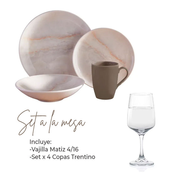 Set a la Mesa: Vajilla Matiz + 4 Copas Trentino