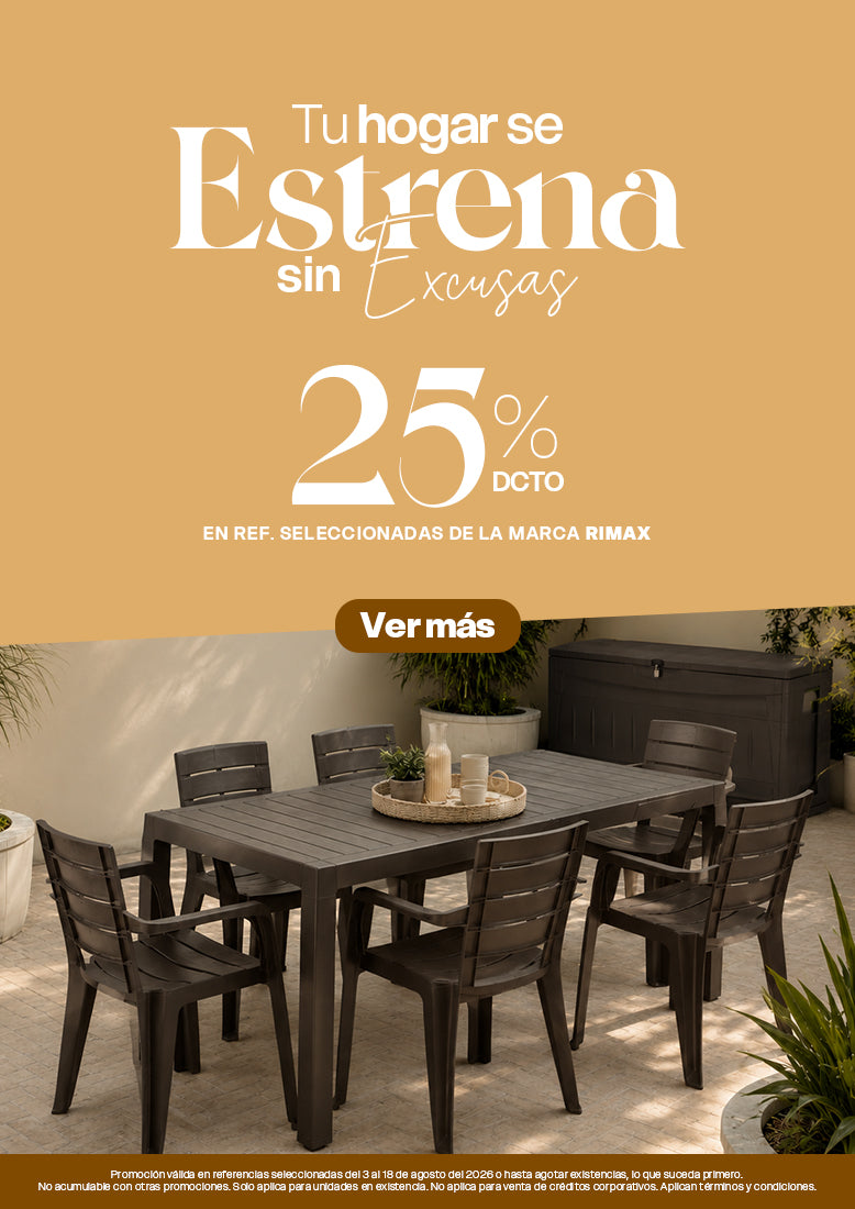 Versión móvil del banner "Tu hogar se estrena" con hasta 25% de descuento en referencias seleccionadas de Rimax, mostrando muebles plásticos para jardín, comedor exterior y soluciones de organización para el hogar.