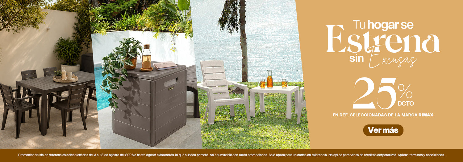 Banner promocional "Tu hogar se estrena" con hasta 25% de descuento en referencias seleccionadas de Rimax. Incluye comedor plástico para exteriores, organizador y mobiliario para jardín y terraza.